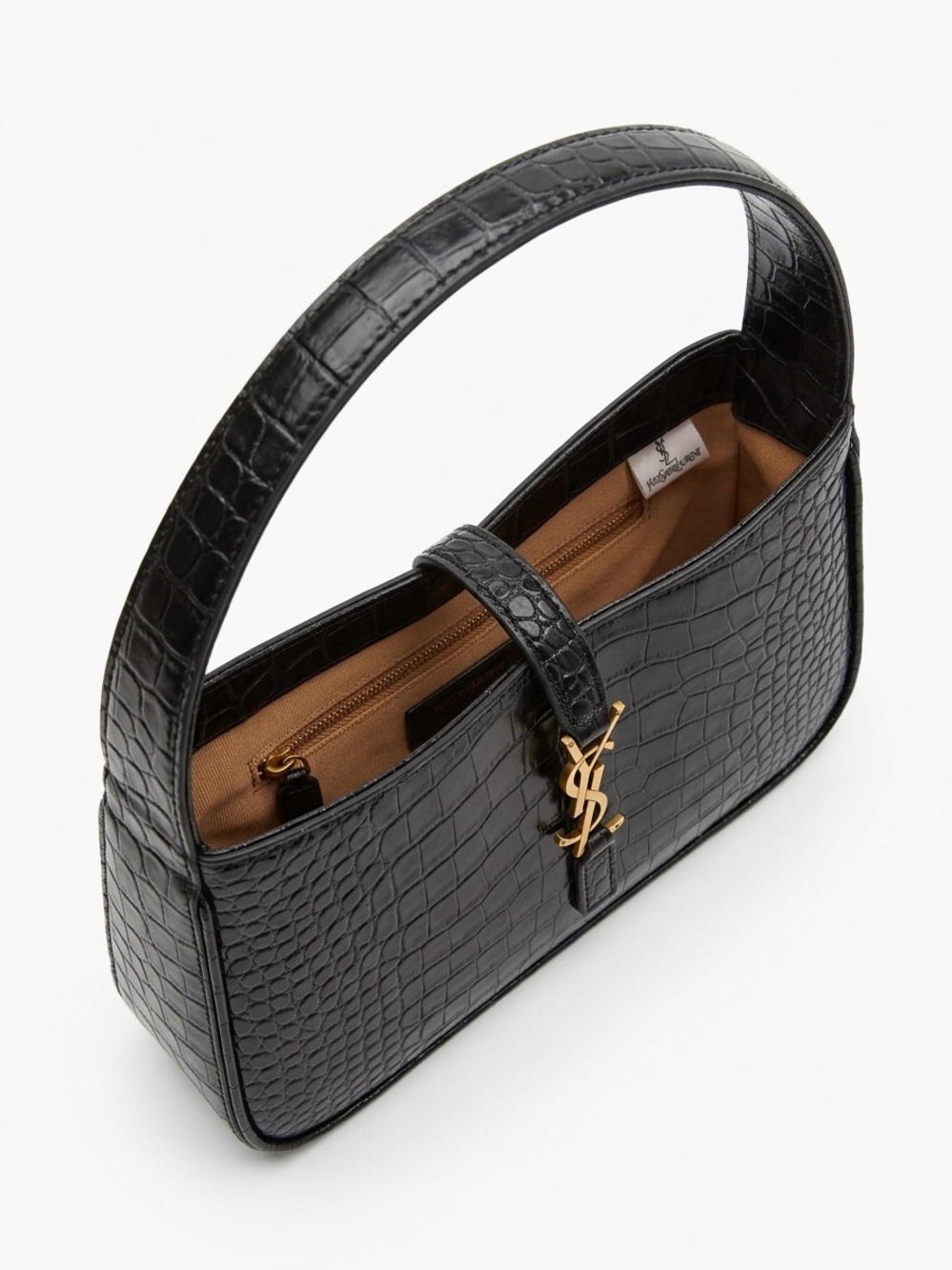 Black Croc-Embossed Leather Shoulder Bag